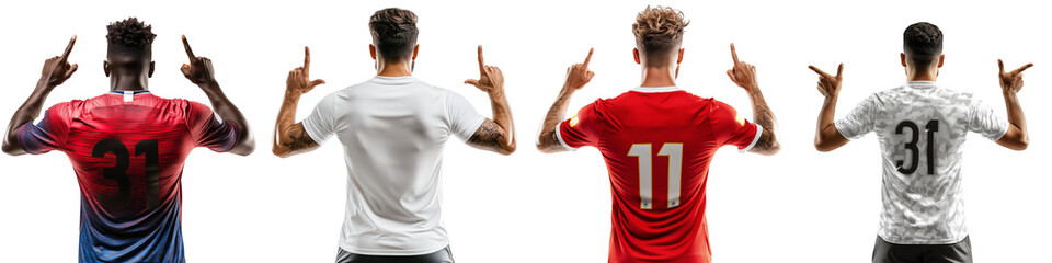 A confident football player in a team jersey pointing upwards and raising hand, celebrating from behind view. Isolated on white background. Generative AI, Transparent background