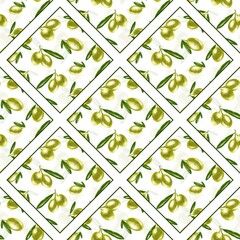 seamless pattern with green olive in a rhombus on a white background