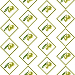 seamless pattern with green olive in a rhombus on a white background