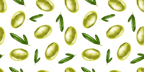 seamless pattern with green olive on a white background
