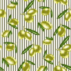 seamless pattern with green olive on striped background