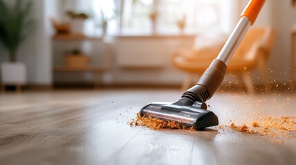 A vacuum cleaner is being used on a wooden floor in a bright and airy living room, emphasizing cleanliness and the importance of maintaining a tidy home environment.