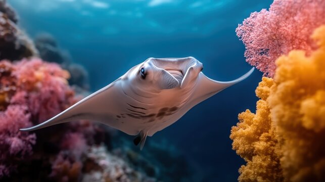 A beautiful stingray gliding gracefully through a vibrant coral reef, showcasing the colorful marine life and the serene underwater environment, inviting exploration. - Powered by Adobe