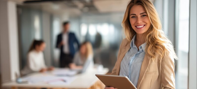 The confident professional woman holding a tablet in a modern office setting.