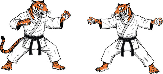 Karate tiger illustration, martial arts animal, anthropomorphic fighter, tiger in gi, black belt stance, powerful pose, cartoon style, aggressive expression, vector artwork, combat scene