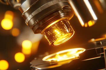 Close-Up View of Microscope Lens with Sparkling Elements and Light