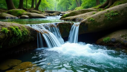 Fototapeta premium Crystal clear water tumbling over moss-covered rocks, wild, water, untouched nature