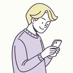 Blonde young man cheerfully interacts with his smartphone for mobile connection today
