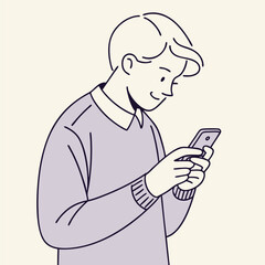 Smiling young man uses a cell phone while looking down in minimalist art