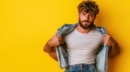 A stylish young man confidently poses with a denim jacket, showcasing his physique against a vibrant yellow background, symbolizing energy and self-assuredness.