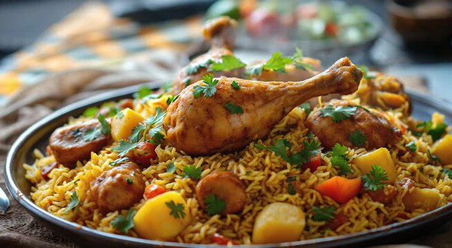 A delicious 4K close-up of chicken biryani served on a traditional plate, garnished with fresh herbs and vegetables. The vibrant colors, rich textures, and aromatic appeal create a mouthwatering visua