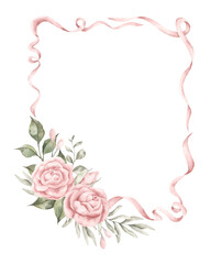 Pink dreams. Watercolor hand-drawn frame with floral composition, bow and ribbons. Fairytale illustration for baby girl. Template card for design baby shower, birthday, girls's parties and nursery. © Nellya Egorova