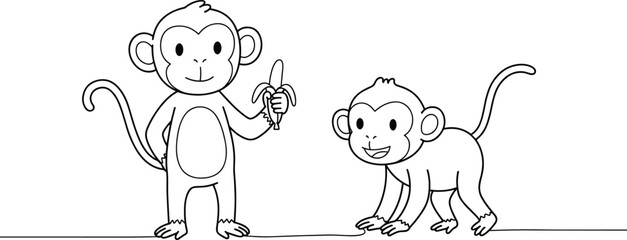 Cartoon monkeys with banana, cute baby monkeys, line art illustration, jungle animals, children coloring page, black and white vector, playful monkey characters, animal drawing design © Monir Worlds