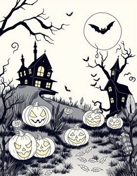 Verspielte Halloween-Szene in schwarzer Line-Art mit K&uuml;rbissen, Flederm&auml;usen und Spukhaus &ndash; ideal f&uuml;r Ausmalbilder oder gruselige Deko.