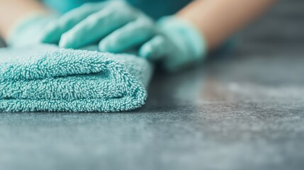A close-up of hands wearing gloves gently folding a soft turquoise cleaning cloth, symbolizing cleanliness and care in personal and professional environments.