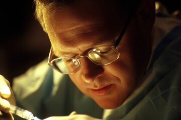 Focused Surgeon Conducting Procedure in a Dimly Lit Operating Room