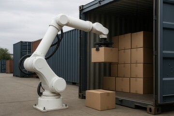 Robotic Arm Unloading Cardboard Boxes from Shipping Container