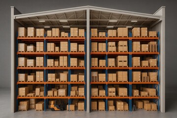 Forklift carrying boxes in large warehouse with high shelves full of cardboard boxes