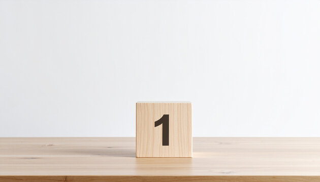Wooden cube with number 1 one on wooden table with white wall on background.