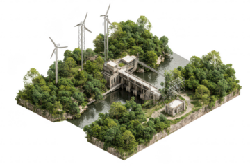 Aerial isometric view of a hydroelectric dam complex surrounded by lush greenery and wind turbines
