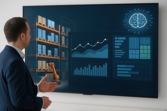Manager showing warehouse logistics automation and artificial intelligence software on big screen - Powered by Adobe