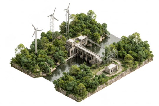 Aerial isometric view of a hydroelectric dam complex surrounded by lush greenery and wind turbines