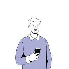 Smiling Caucasian man is holding a cellphone and looking forward in simple line drawing