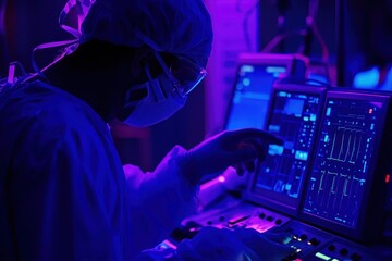 Lab Technician Working with Advanced Medical Monitoring Equipment