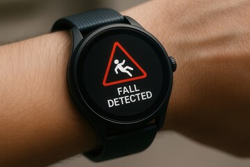 Smartwatch detecting a fall with alert signal on the screen