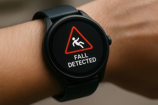 Smartwatch detecting a fall with alert signal on the screen - Powered by Adobe
