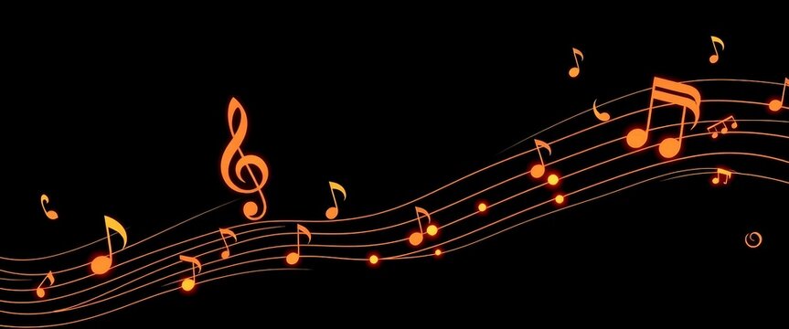 Schwebende wei&szlig;e Musiknoten auf Notenlinien vor dunklem Hintergrund &ndash; stilvolles Musikmotiv f&uuml;r Designs, Poster oder musikalische Projekte.