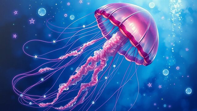 Leuchtende, magisch wirkende Qualle im tiefblauen Wasser &ndash; ein faszinierendes Unterwassermotiv in leuchtenden Farben und realistischer Malweise.