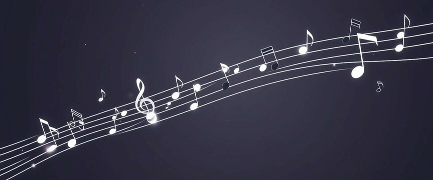 Schwebende orange farbene Musiknoten auf Notenlinien vor dunklem Hintergrund &ndash; stilvolles Musikmotiv f&uuml;r Designs, Poster oder musikalische Projekte.