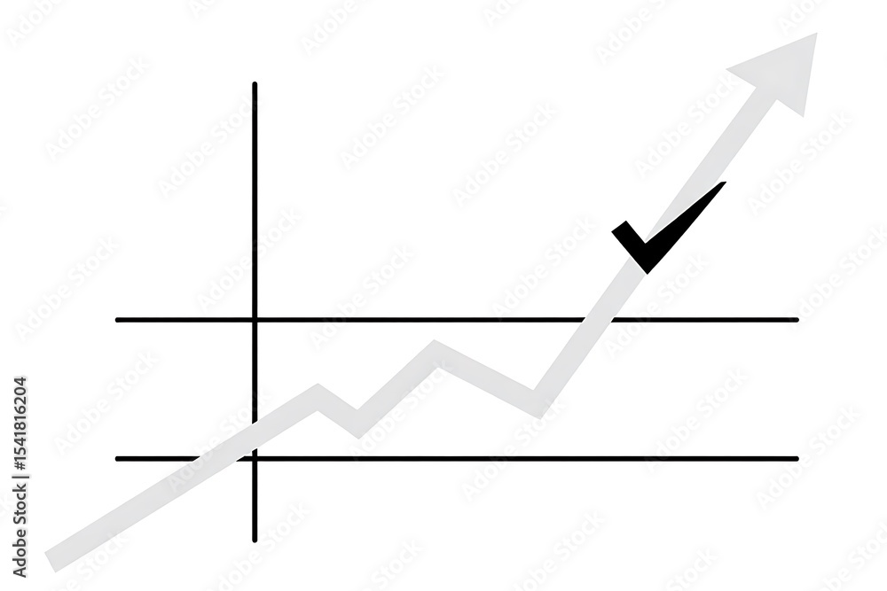 Poster light gray upward trending line graph with black checkmark and black axis lines on white background 