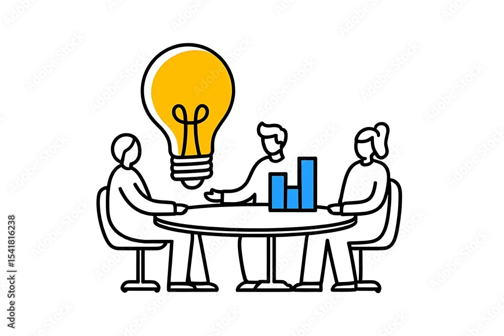 Poster three individuals seated around a round table brainstorming a new idea a large yellow lightbulb symb