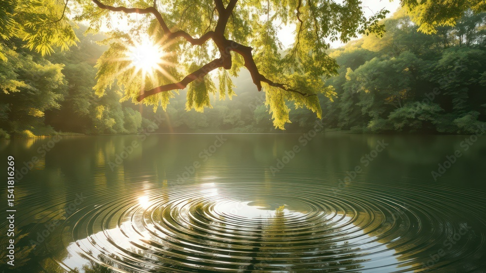 Poster sunlight filters through the trees illuminating ripples across a serene lake, creating a tranquil na