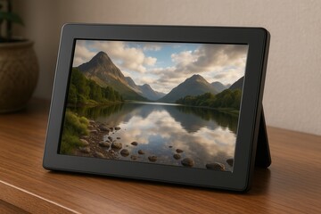 Digital photo frame displaying a stunning mountain lake landscape on a wooden table
