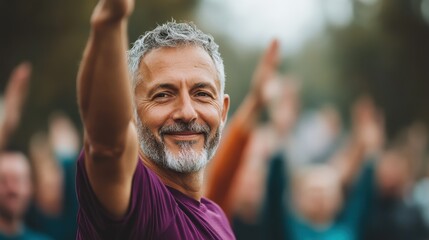 A cheerful older man enthusiastically leading a community exercise session, promoting health, unity, and motivation among participants in a lively outdoor environment.