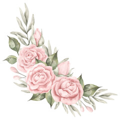 Pink dreams. Watercolor hand-drawn border with floral composition of pink roses and eucalyptus.  Fairytale illustration for baby girl. Illustration for design birthday, girls's parties and nursery.