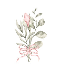 Pink dreams. Watercolor hand-drawn small bouquet with rosebud, eucalyptus and bow. Template frame for design baby shower, birthday, girls's parties and nursery.