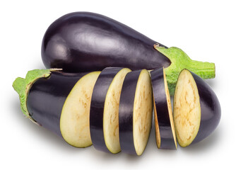 Fresh purple aubergine or eggplant with slices isolated on white background. File contains clipping...