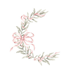 Pink dreams. Watercolor hand-drawn wreath of eucalyptus branches and pink ribbon. Template frame for design baby shower, birthday, girls's parties and nursery.