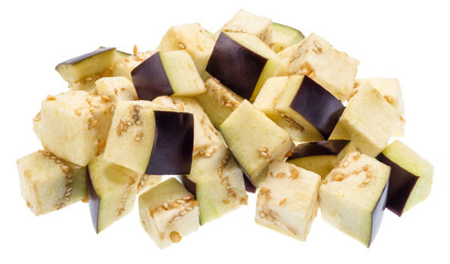Fresh purple aubergine or eggplant cubes isolated on white background. File contains clipping path.