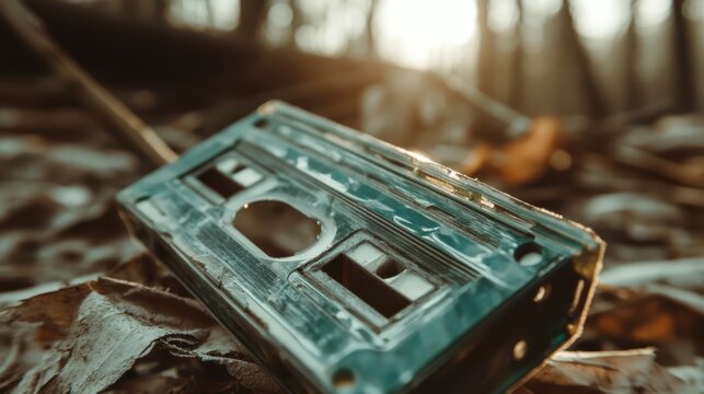 An abandoned cassette tape lies on the forest floor, representing nostalgia for music and memories, amidst a backdrop of autumn leaves and natural beauty.