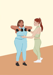 Young personal trainer showing an overweight woman how to do arm exercises with weights. Vector illustration.