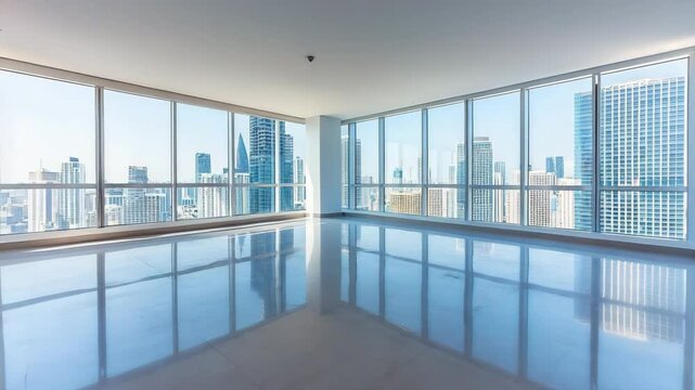 A spacious empty room with large floor-to-ceiling windows offering a panoramic city skyline view.