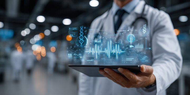 Doctor holding tablet with blue glowing medical data dashboard for digital healthcare technology marketing.