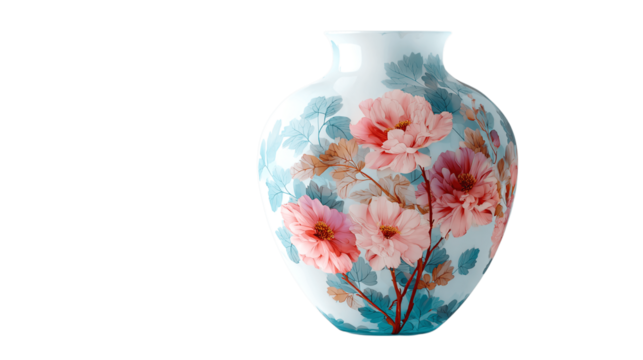 A custom-printed glass vase, white background --ar 16:9