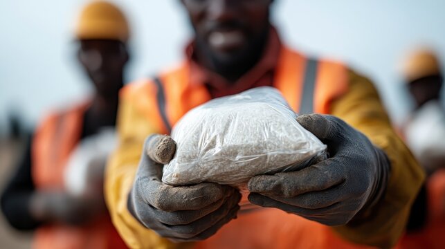 A focused construction worker presents a packaged product in a field setting, highlighting themes of labor, industry, and teamwork during a construction project. - Powered by Adobe