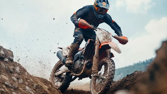 Dirt Bike Rider in Action: Mud Splatter and Extreme Off-Road Adventure Scenery Footage